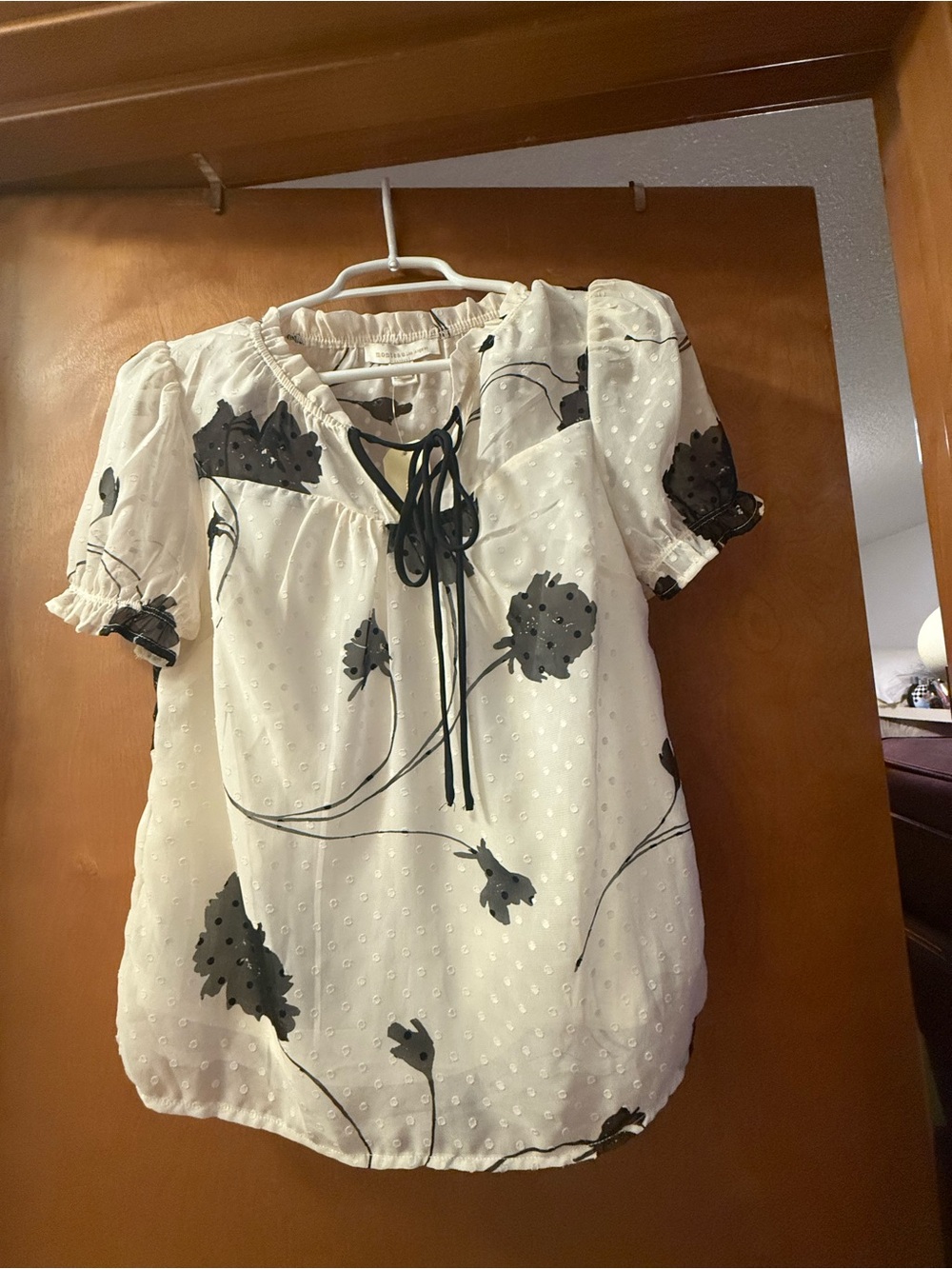 Monteau White Eyelet Blouse with Black Floral Motif